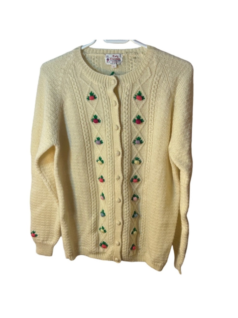 vintage lady clansman 100% wool 3-D floral cream knit cardigan sz large cottag - Picture 2 of 7